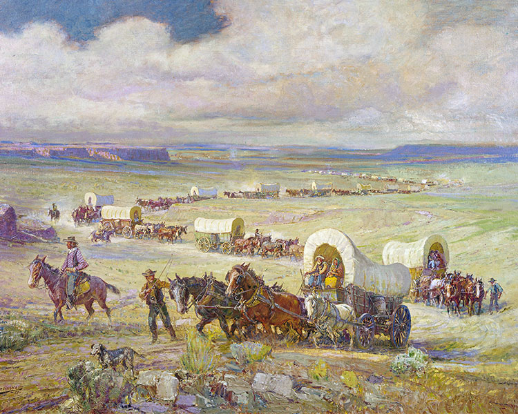 A line of horse-drawn wagons stretches to the horizon.