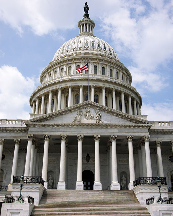 The United States Capitol building has a tall dome with a statue on top.