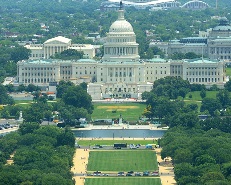 The domed United States Capitol building on a sunny day