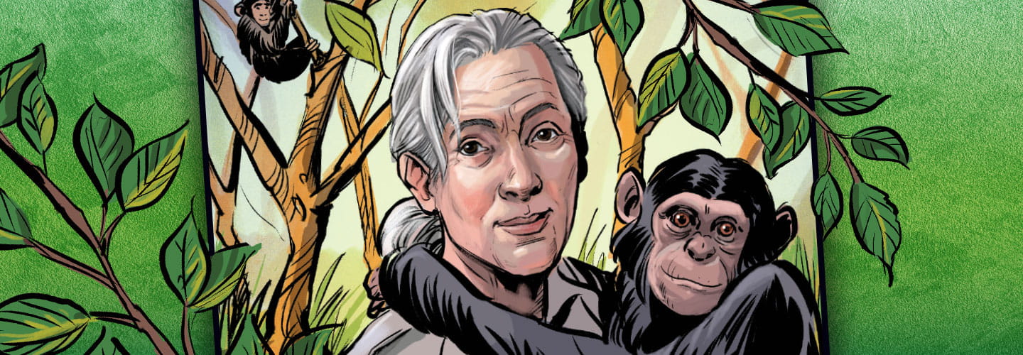 Jane Goodall hugs a monkey.
