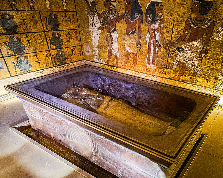 A mummy in its casket in a room with paintings of Egyptian people on the wall