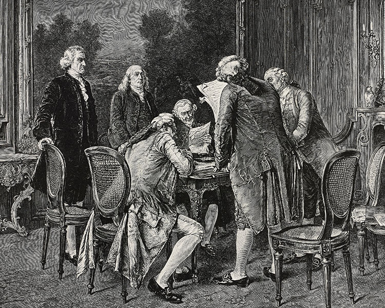 Black & white illustration of the Founding Fathers signing an official document