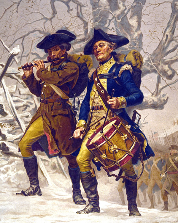 Illustration of two Colonial soldiers with one playing the flute and the other playing a drum