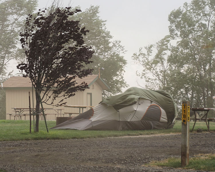 Wind aggressively blowing a tent and trees at a campsite