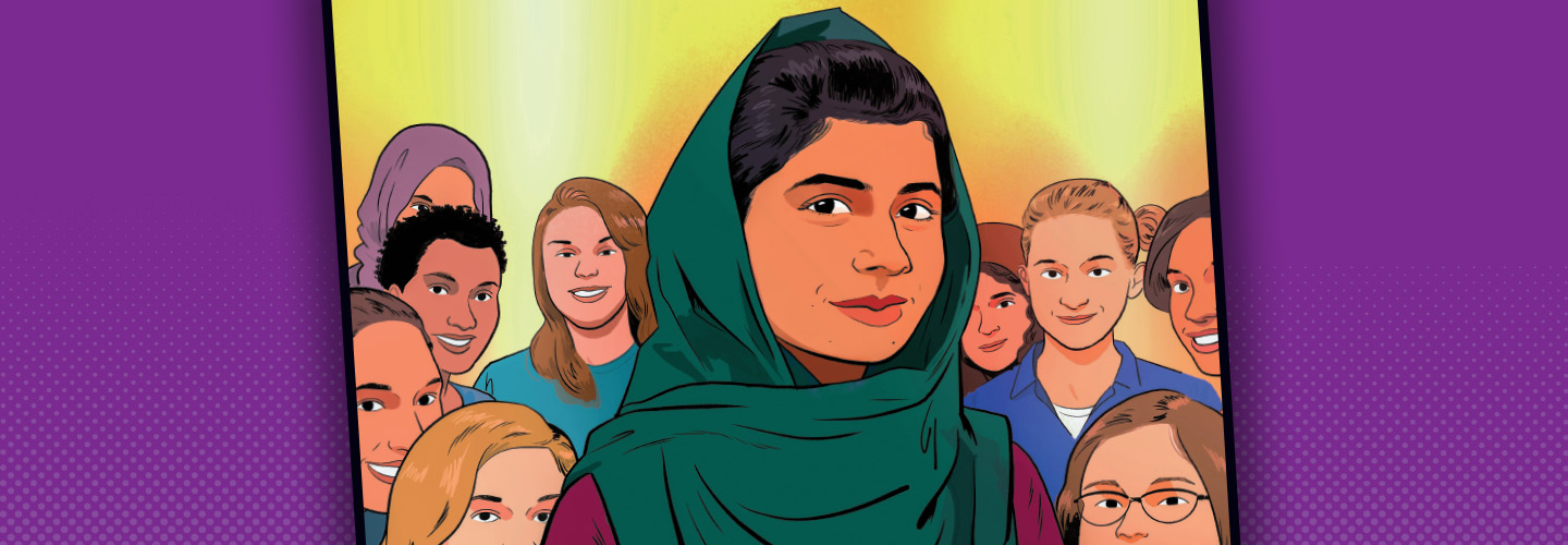 Illustration of Malala Yousafzai and smiling people surrounding her