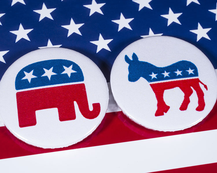 Republican elephant button and Democratic donkey button against an American flag background