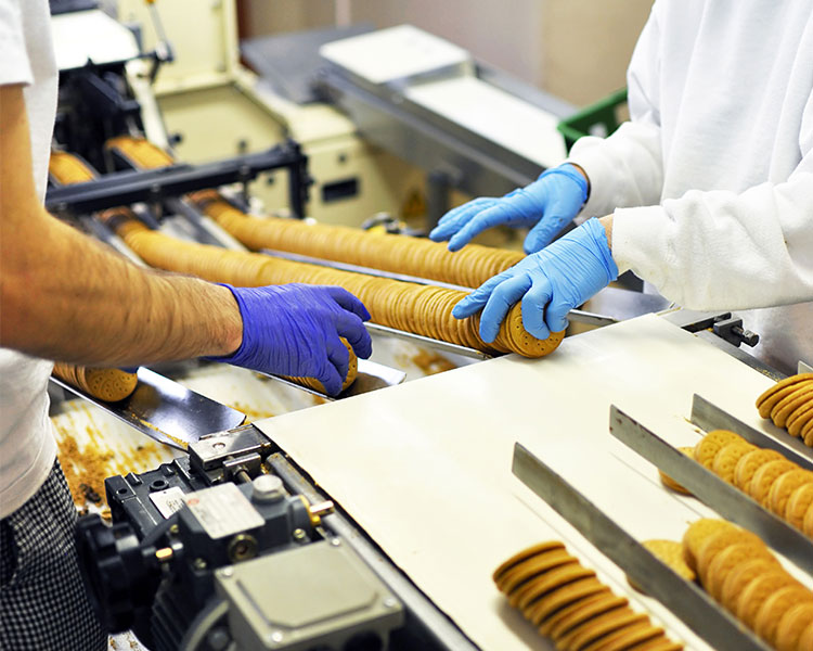 Photo of people in a factory moving crackers through machines