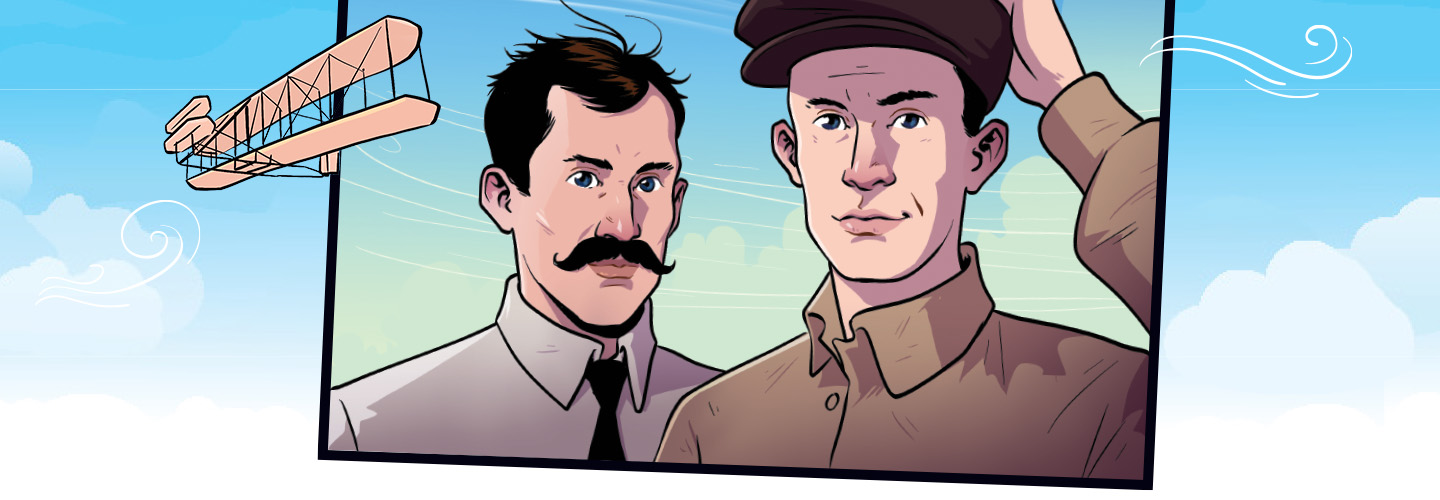 Comic of the two Wright Brothers with plane flying overhead