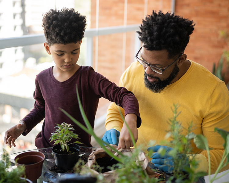 Photo of a father helping child garden