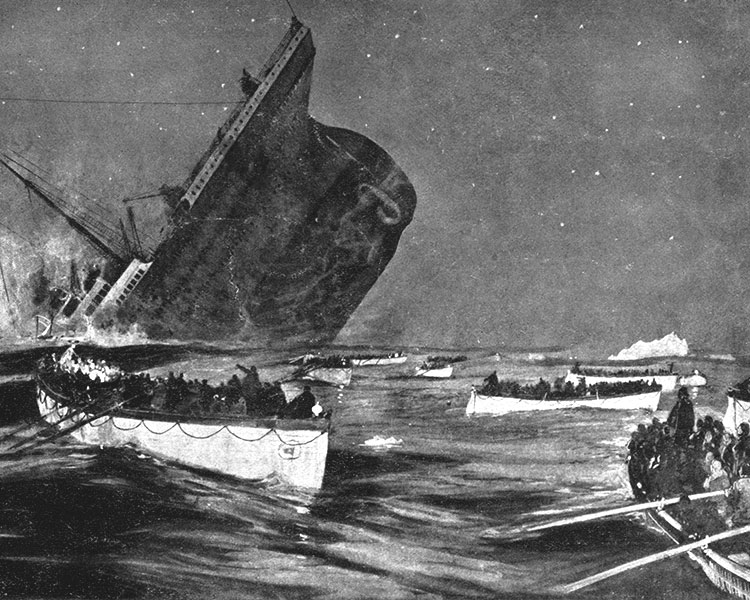 Black & white image of the Titanic sinking and people escaping on small boats