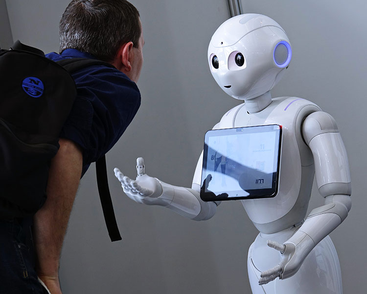 Image of a person observing a human-like robot