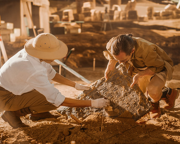 Two archaelogists uncovering remains